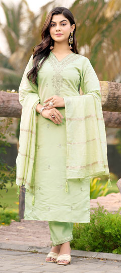 Green color Salwar Kameez in Roman Silk fabric with Embroidered work