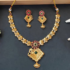Gold Rodium Polish Green color Necklace in Metal Alloy studded with CZ Diamond