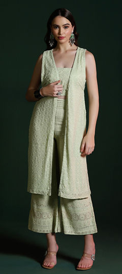 Green color Salwar Kameez in Georgette fabric with Embroidered, Sequence, Zari work