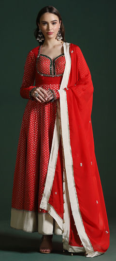 Red and Maroon color Salwar Kameez in Brocade fabric with Stone work