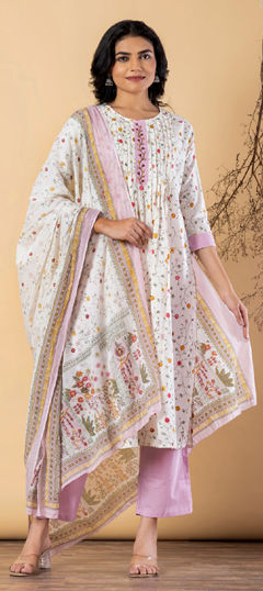 Pink and Majenta, White and Off White color Salwar Kameez in Cotton fabric with Floral, Printed, Sequence work