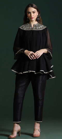 Black and Grey color Co-ords Set in Georgette fabric with Mirror work