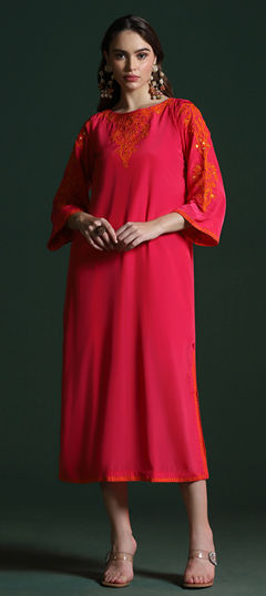 Red and Maroon color Dress in Crepe Silk fabric with Thread work