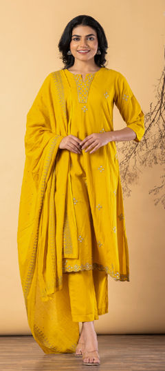 Yellow color Salwar Kameez in Cotton fabric with Embroidered, Sequence work