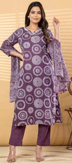 Purple and Violet color Salwar Kameez in Cotton fabric with Bandhej, Printed, Sequence work