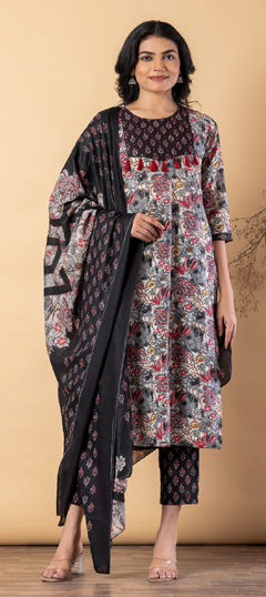 Black and Grey color Salwar Kameez in Poly cotton fabric with Floral, Printed, Sequence, Thread work