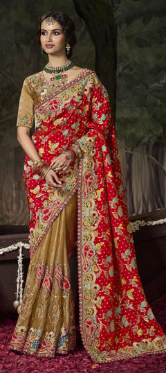 Red and Maroon color Saree in Silk fabric with Embroidered, Sequence, Thread, Zari work