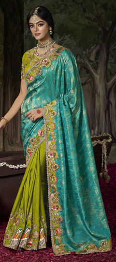 Blue, Green color Saree in Silk fabric with Embroidered, Sequence, Thread, Zari work