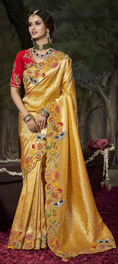 Beige and Brown color Saree in Silk fabric with Embroidered, Sequence, Thread, Zari work