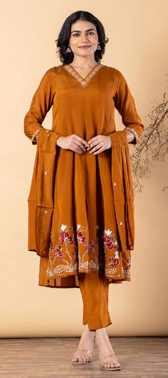 Beige and Brown color Salwar Kameez in Mul Chanderi fabric with Embroidered, Resham, Zari work