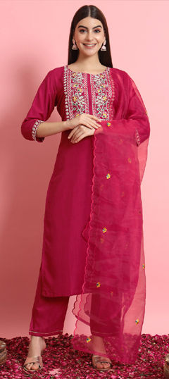 Pink and Majenta color Salwar Kameez in Blended fabric with Embroidered, Sequence, Thread work
