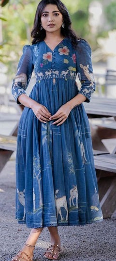 Blue color Gown in Muslin fabric with Printed work