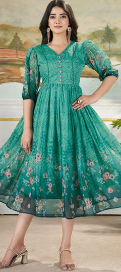 Blue, Green color Gown in Muslin fabric with Printed work