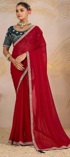 Red and Maroon color Saree in Georgette fabric with Sequence, Zari work
