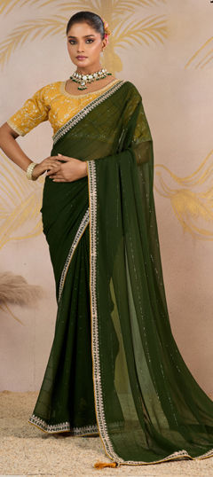 Green color Saree in Georgette fabric with Sequence, Zari work