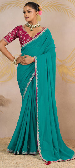 Blue color Saree in Georgette fabric with Sequence, Zari work