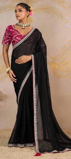Black and Grey color Saree in Georgette fabric with Sequence, Zari work