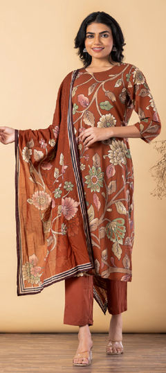 Beige and Brown color Salwar Kameez in Cotton fabric with Printed work