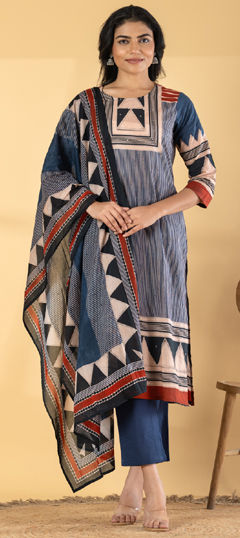 Blue color Salwar Kameez in Cotton fabric with Printed work