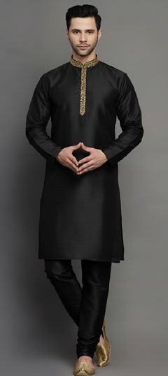 Black and Grey color Kurta Pyjamas in Dupion Silk fabric with Embroidered work