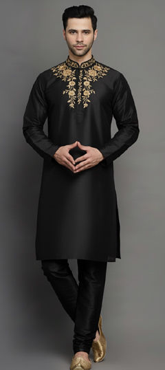 Black and Grey color Kurta Pyjamas in Dupion Silk fabric with Embroidered work
