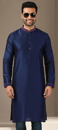 Blue color Kurta in Dupion Silk fabric with Embroidered work