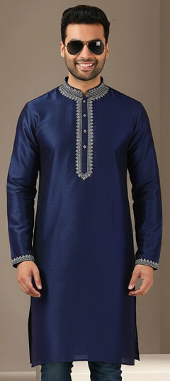Blue color Kurta in Dupion Silk fabric with Embroidered work