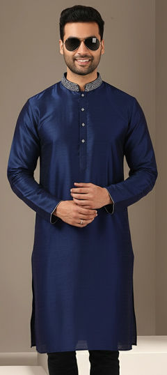 Blue color Kurta in Dupion Silk fabric with Embroidered work