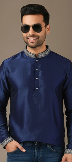 Blue color Kurta in Dupion Silk fabric with Embroidered work