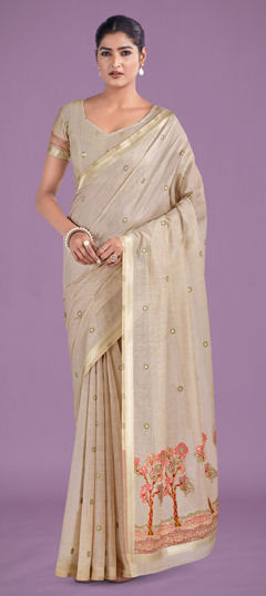 Beige and Brown color Saree in Cotton fabric with Weaving work