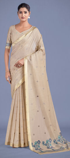 Beige and Brown color Saree in Cotton fabric with Weaving work