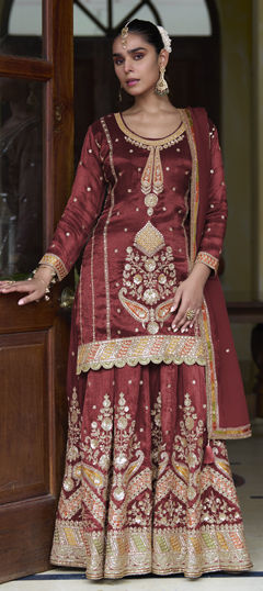 Red and Maroon color Long Lehenga Choli in Silk fabric with Embroidered, Sequence, Thread, Zari work