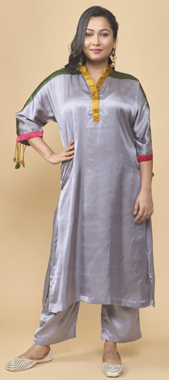Black and Grey color Salwar Kameez in Satin Silk fabric with Thread work