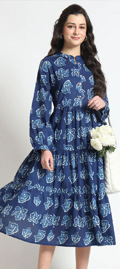 Blue color Gown in Cotton fabric with Printed work