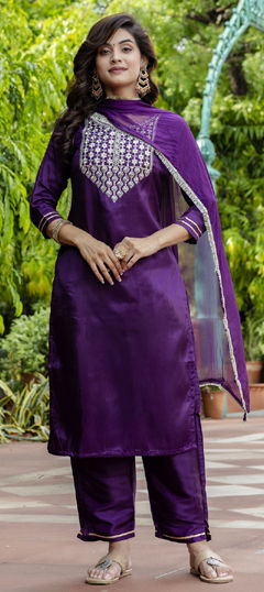 Purple and Violet color Salwar Kameez in Blended, Silk fabric with Embroidered, Sequence work