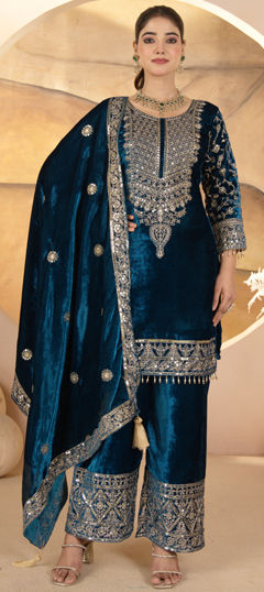Blue color Salwar Kameez in Velvet fabric with Embroidered, Sequence work