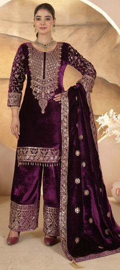 Purple and Violet color Salwar Kameez in Velvet fabric with Embroidered, Sequence work