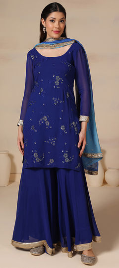 Blue color Salwar Kameez in Georgette fabric with Sequence, Thread work