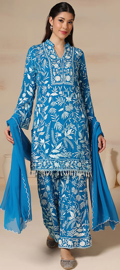 Blue color Salwar Kameez in Georgette fabric with Moti, Resham, Thread work