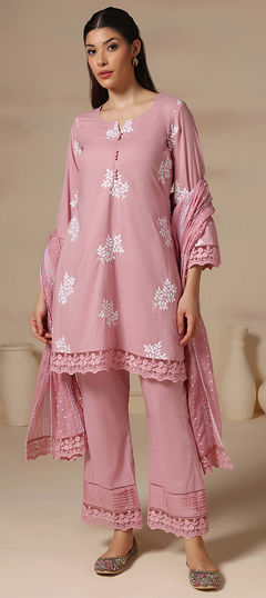 Pink and Majenta color Salwar Kameez in Silk cotton fabric with Moti, Resham, Thread work