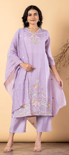 Purple and Violet color Salwar Kameez in Mul Chanderi fabric with Cut Dana, Embroidered, Sequence, Thread work