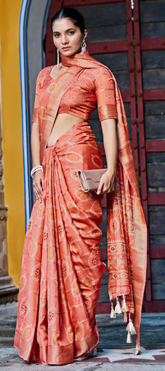 Orange color Saree in Blended, Silk fabric with Bandhej, Printed work