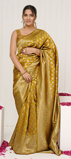 Gold color Saree in Blended, Silk fabric with Weaving work