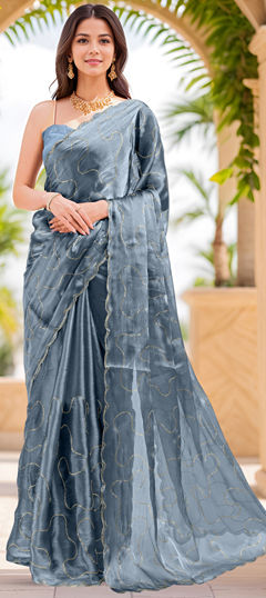 Blue color Saree in Organza Silk fabric with Sequence, Thread work