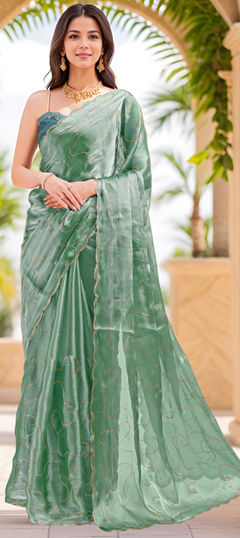 Green color Saree in Organza Silk fabric with Sequence, Thread work