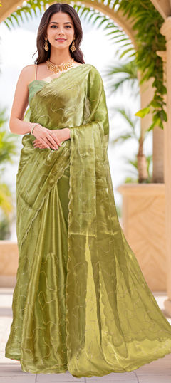 Green color Saree in Organza Silk fabric with Sequence, Thread work