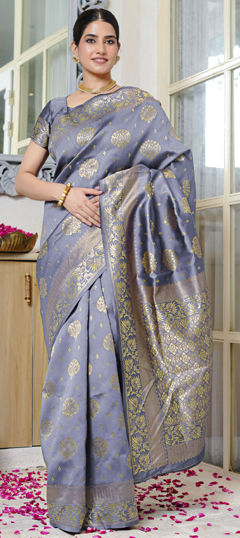 Black and Grey color Saree in Blended, Silk fabric with Weaving work