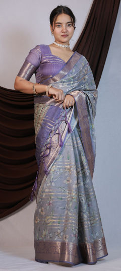 Purple and Violet color Saree in Crepe Silk fabric with Floral, Printed work