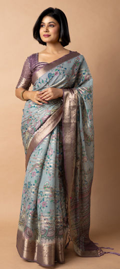 Blue color Saree in Crepe Silk fabric with Floral, Printed work