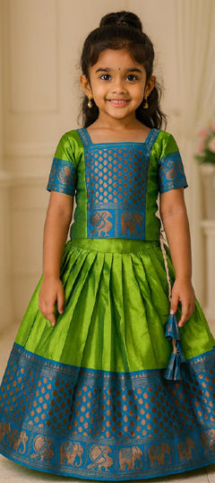 Blue, Green color Kids Lehenga in Litchi Silk fabric with Weaving work